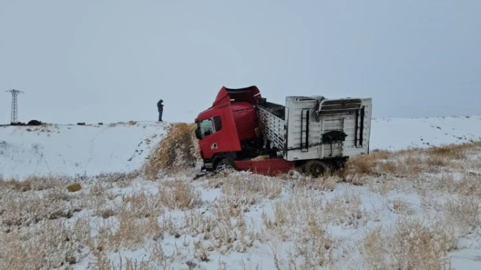 Adilcevaz'da briket y&uuml;kl&uuml; tır devrildi: 1 yaralı