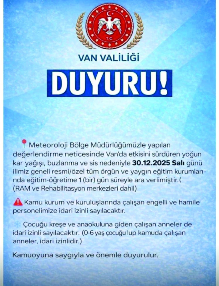 Van ve il&ccedil;elerinde yarın (30.12.2025 salı g&uuml;n&uuml;) bir g&uuml;nl&uuml;k kar tatili
